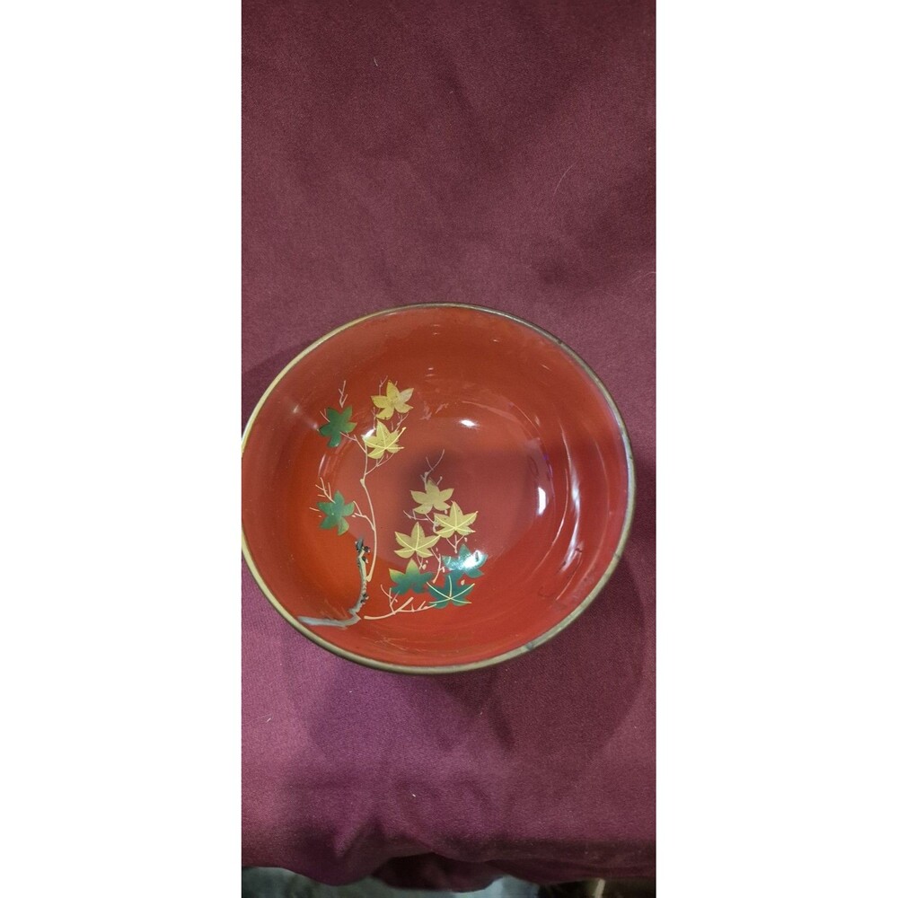 KARAVAN Occupied Japan Red Japanese  5" Lacquer Wave Bowl Maple Leaf 1945-1952